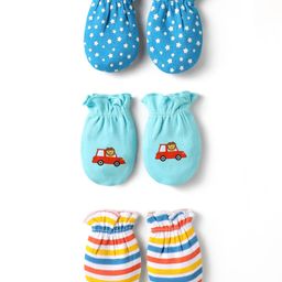 Babyhug 100% Cotton Interlock Knit Mittens With Stripes & Animal Print Pack Of 3 - Blue yellow & Light Blue-image-11