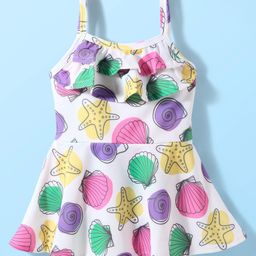 Babyhug Water Repellent Shell Printed Sleeveless Frock Swimsuit - White-image-5