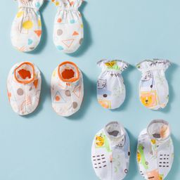 OHMS Interlock Knit Mittens & Booties Set with Geometric & Animal Print Pack Of 2- White & Orange-picture-25