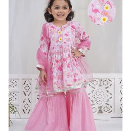 Little Bansi Muslin Woven Full Sleeves Floral & Flamingo Printed Kurti Sharara With Dupatta Set - Pink-image-88