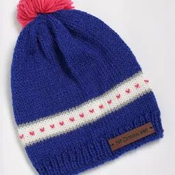 The Original Knit Hearts Designed Pom Pom Detailed Cap - Diameter - 30 Cms - Royal Blue & Off White-picture-8