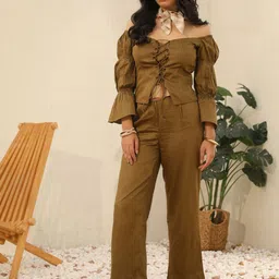 YA-SA Off Shoulder Cotton Blend Top With Trousers-image-5