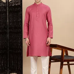 House of Pataudi Textured Mandarin Collar Cotton Straight Kurta-picture-14
