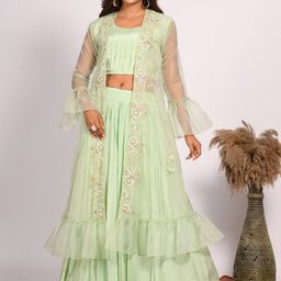 Morchari Round Neck Crop Top Long Sleeves Jacket with Mid-Rise Skirt Co-Ords-picture-49