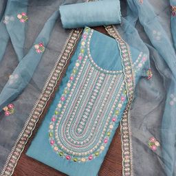 Peachmode Floral Embroidered Embellished Roman Cotton Silk Unstitched Dress Material-image-10