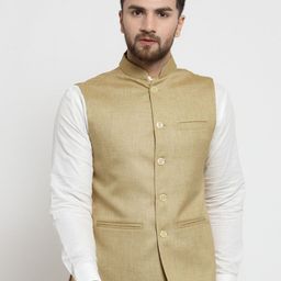 TREEMODA Men Beige Solid Nehru Jacket-14
