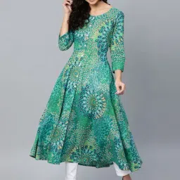 Jompers Green Cotton Floral Print Flared Kurta-image-10