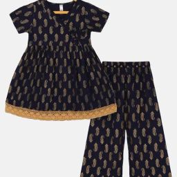 Kiddopanti Kids Navy & Gold Printed Kurti Set-picture-26