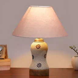 Devansh Grey & White Textured Wooden Frustum Shaped Table Lamp With Mosaic Glass Base image 2