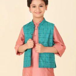 Fabindia Kids Teal Printed Nehru Jacket-image-36