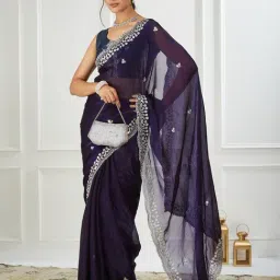 FABMORA Purple Silk Blend Embroidered Saare with Blouse Piece-image-66
