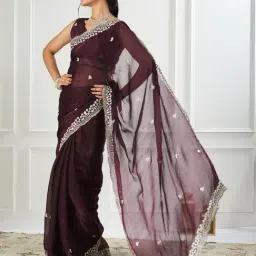 FABMORA Wine Silk Blend Embroidered Saare with Blouse Piece-picture-23
