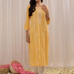 Indo Era Yellow Embroidered Straight Kurta-image-24