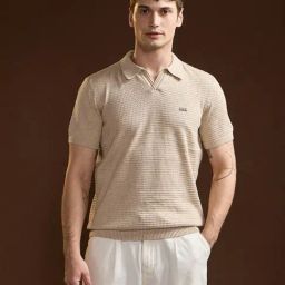 The Bear House Beige Cotton Slim Textured Polo T-Shirt-image-52