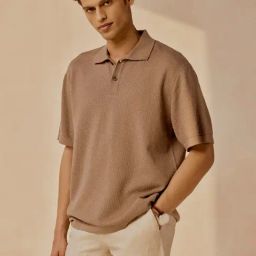 Andamen Brown Organic Cotton Relaxed Textured Polo T-Shirt-image-77