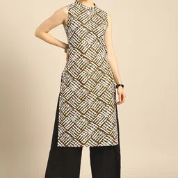 Anouk Women Brown And White Printed Keyhole-Neckline Pure Cotton Kurta with Palazzo-10