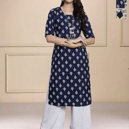 HERE&NOW Selection Of 3 Floral Printed Round Neck Straight Kurtas-image-23