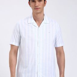 Peter England Casuals Men Cuban Collar Vertical Striped Cotton Shirt-image-75