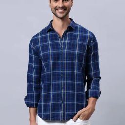 HJ HASASI Blue Slim Fit Check Cotton Shirt-image-61