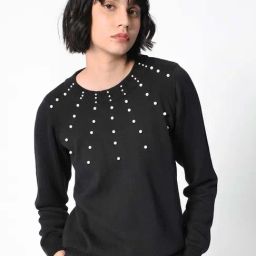 RAREISM Black Viscose Embellished Long Sleeves Sweater-26