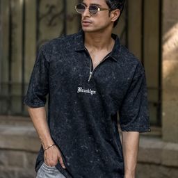 ManiacS Zipper Polo Collar Short Sleeves Embroidered T-shirt-image-31