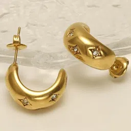VIEN Stainless Steel 18K Gold-Plated Stones Studded Chunky Contemporary Half Hoop Earrings-picture-24