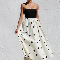 bebe Women Polka Dot Printed Fit & Flare Strapless Maxi Dress-image-37