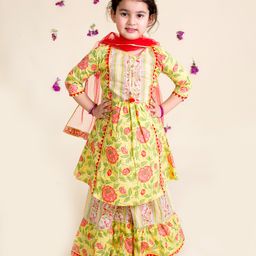 Pspeaches Floral Print Three Fourth Sleeves Kurta With Sharara & Dupatta - Yellow-image-62