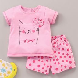 Babyhug Puffed Sleeves 100% Cotton Single Jersey Night Suit Bow Applique Kitty Print - Pink-image-9