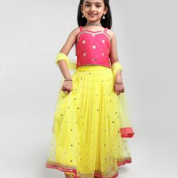 Saka Designs Singlet Choli & Lehenga with Dupatta Zari Border - Pink Yellow-image-4