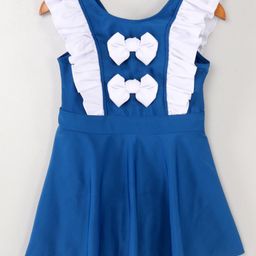 Kookie Kids Sleeveless Frock Style Solid Swimsuit with Bow Applique & Frill Detailing - Blue-image-30