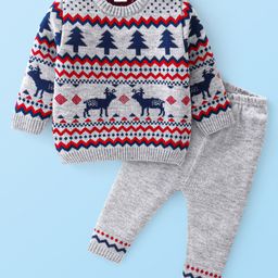 Babyhug Knitted Full Sleeves Reindeer Design Sweater & Pajama Set - Grey-image-55