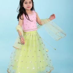 Babyhug Sleeveless Embroidered Choli with Net Embroidered Lehenga and Dupatta Set - Lime & Pink-picture-2