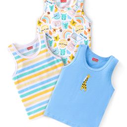 Babyhug 100 % Cotton Sleeveless Sando Vests  Stripes & Leopard Print Pack of 3- Blue Yellow & White-image-87