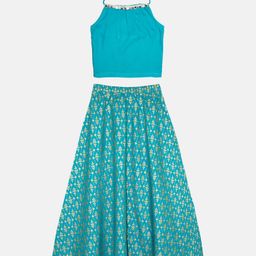 Kiddopanti Sleeveless Halter Neck Sequin Embellished Choli & Ethnic Floral Motif Printed Ghagra Set - Peacock Green-picture-20