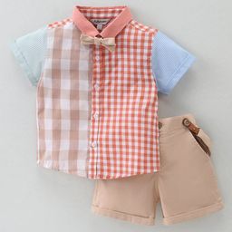 ToffyHouse Party Wear Half Sleeves Shirt & Shorts Set With Bow & Qwerky Suspender Checkered - Multicolour-picture-15