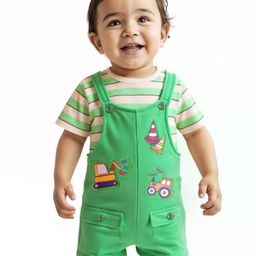 Babyoye 100% Cotton With Eco Jiva Finish Dungaree with Half Sleeves Striped T-Shirt Tractor Patch - Multicolour-image-70