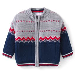 Babyhug Knitted Full Sleeves Front Open Sweater with Cable Knit Design- Grey & Navy Blue-image-48