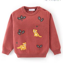 Babyoye 100% Cotton Knit Full Sleeves Pullover Sweater with Leopard  Embroidery - Rust Orange-image-91