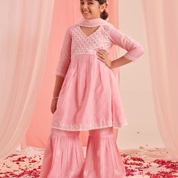 Pspeaches Cotton Rayon Three Fourth Sleeves Floral Embroidered Empire Kurta With Sharara & Dupatta -Pink-image-90