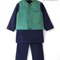 Babyoye Woven Full Sleeves Kurta Pajama Set With Foil Print Jacket - Navy Blue-picture-16