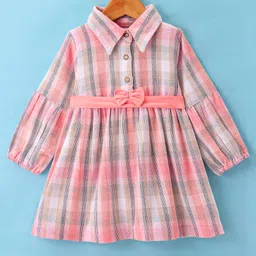 Kookie Kids Cotton Woven Full Sleeves Collared Checkered Frock With Belt & Bow - Pink-picture-42