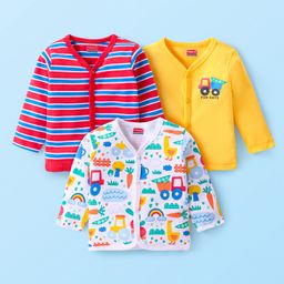 Babyhug 100% Cotton Full Sleeves Front Open Vests Vehicle Print Pack of 3 - Red White & Yellow-image-4