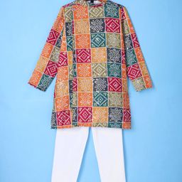 Robo Fry Silk Woven Full Sleeves Kurta Pyjama Set with Bandhani Print- Orange Dark Pink & Blue-picture-19
