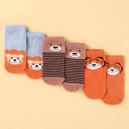 Cute Walk by Babyhug Cotton Knit Ankle Length Socks With Tiger Bear and Striped Print - Orange & Brown-image-24