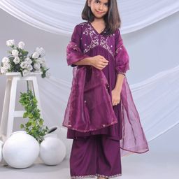 misbis Silk Blend Three Fourth Sleeves Floral Embroidered & Sequins Embellished Kurta Palazzo & Dupatta Set - Wine-image-81