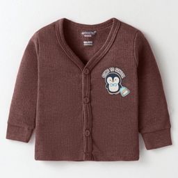 CUCUMBER Cotton Knit Full Sleeves Front Open Thermal Vest with Penguin Print - Brown-image-65