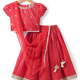 Babyhug WovenShort Puff Sleeves Foil Printed Choli Lehenga & Dupatta Set With Embroidery Lace & Tassle Detailing -Red-image-37
