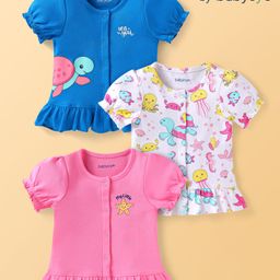 Babyoye Eco Conscious Interlock Knit Half Sleeves Jiva Finish Jhablas with Sea Life Print Pack of 3 - Blue White & Pink-picture-24