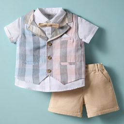 ToffyHouse Cotton Woven Half Sleeves Checkered 3 Piece Party Suit with Bow - White & Beige-image-30